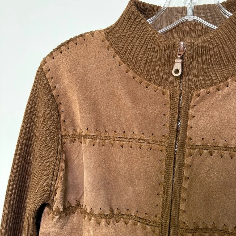 Vintage Wool Blend Suede Leather Patchwork Zip Cardigan Jacket Sweater Boho 70s - Picture 10 of 16